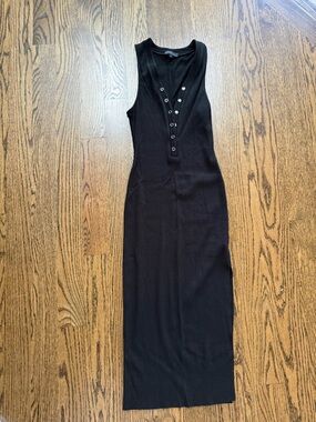 Sleeveless Ribbed Button-Front Maxi Dress - Black